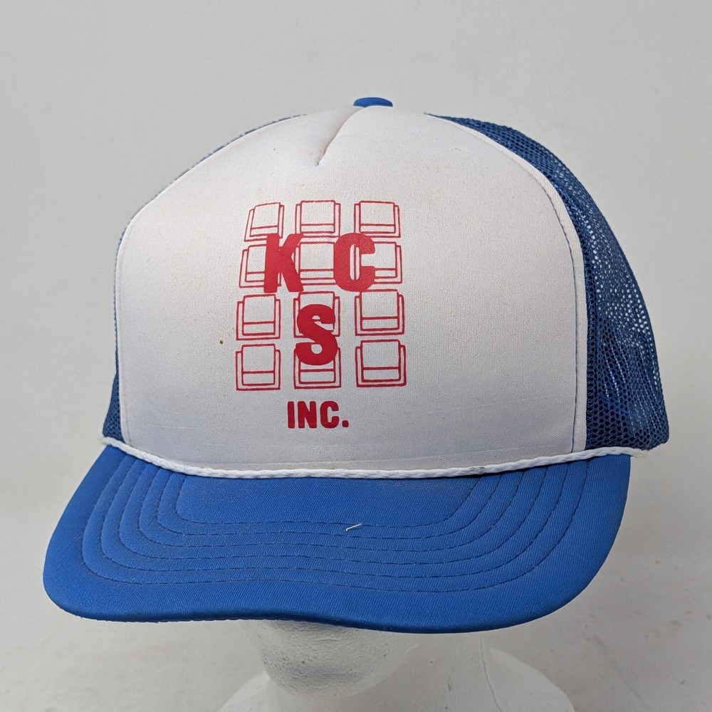 Vintage Crown Cap KCS Inc Trucker Hat Blue White Snapback Mesh Foam Hat RN 60190